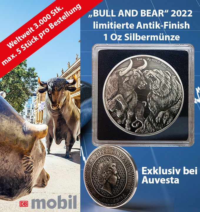 Bull and Bear Antik-Finish Silbermünze 1 Unze